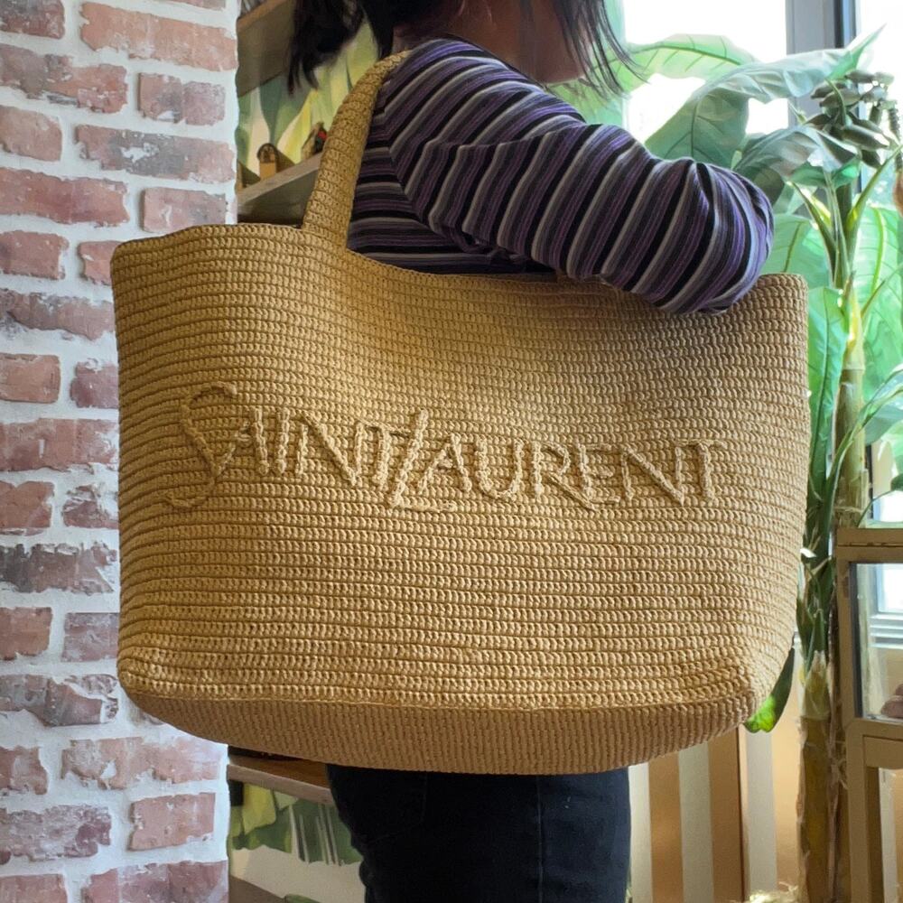 SAINT LAURENT Natural Raffia Logo Tote Bag - Picture 3 of 9